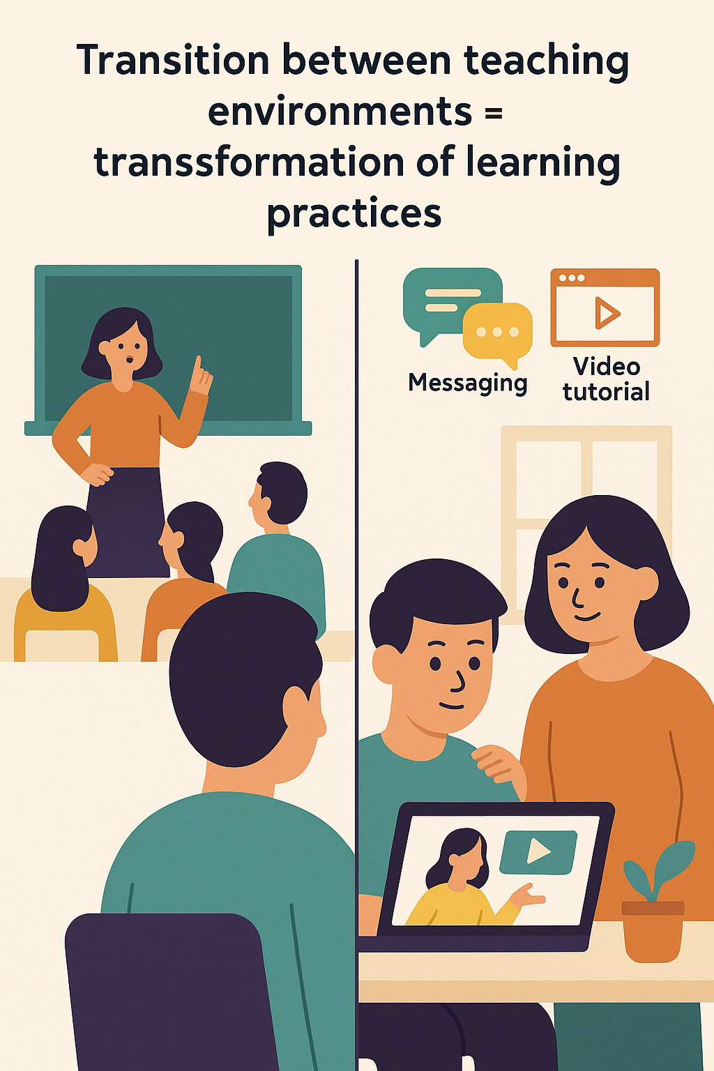 A flat-style split-screen illustration showing a learner transitioning from a classroom environment with a teacher and peers to a home-based setting with digital tools and parental support.